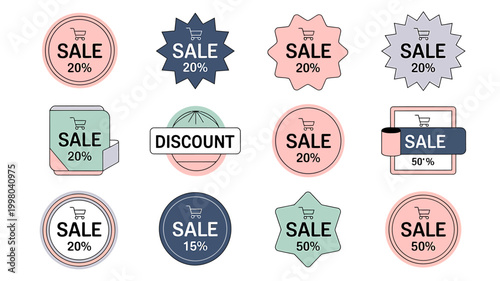 Collection of colorful sale discount icons for shopping promotions and advertising campaigns online