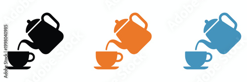 Teapot icon, colorful kettle designs, flat modern styles, kitchen drinkware symbols, assorted color variations, vector illustration