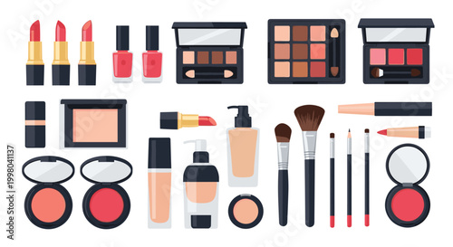 Comprehensive collection of various cosmetic products like lipstick eyeshadow and foundation represents beauty industry and personal grooming routines.