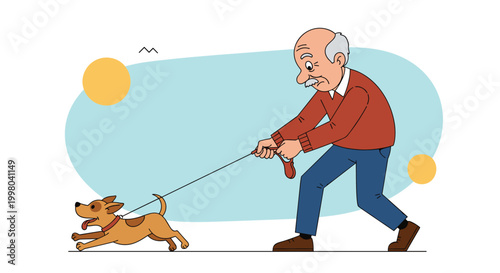 Funny illustration of elderly man struggling to control active small dog during walk emphasizes challenges of pet ownership and exercise.
