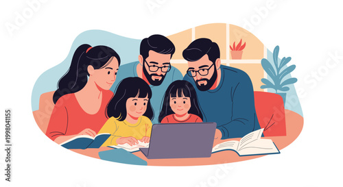 Happy diverse family with two young girls looking at laptop screen together explores digital learning and home entertainment during leisure time.