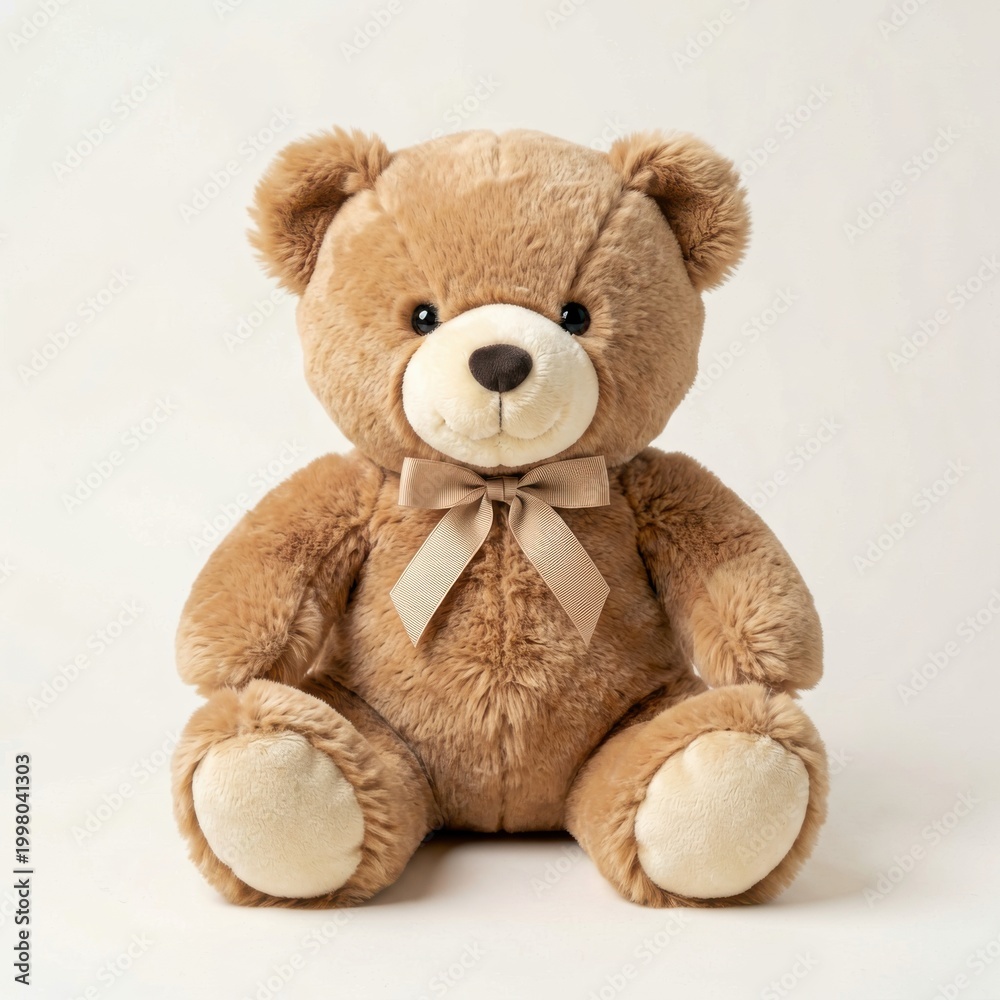 Fototapeta premium Brown Plush Teddy Bear Sitting with Bow Tie on White Background