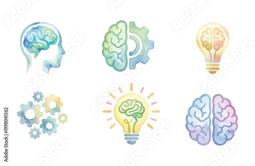 Watercolor Brain Concept Icons Collection