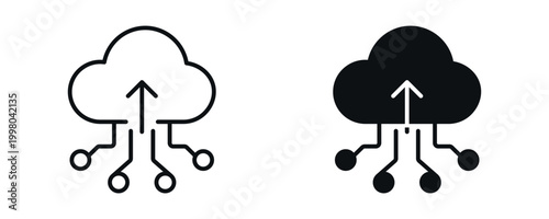 Cloud upload technology icon set, data network connection with upload arrow icon in line and flat style. vector illustration.