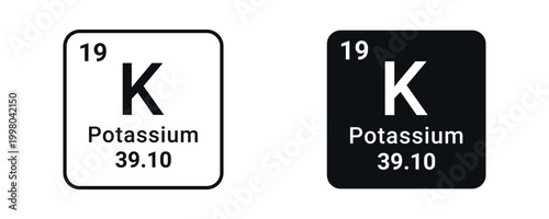 Potassium icon set, chemical periodic table symbol K with atomic number and mass in line and flat style. vector illustration.
