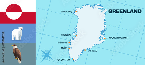 Vector Illustration of Greenland Map. Flag, National Animal Polar Bear and National Bird White tailed Eagle of Greenland.