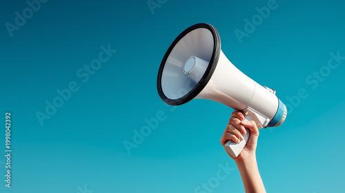 Hand holding white megaphone against blue background in minimal communication and announcement concept