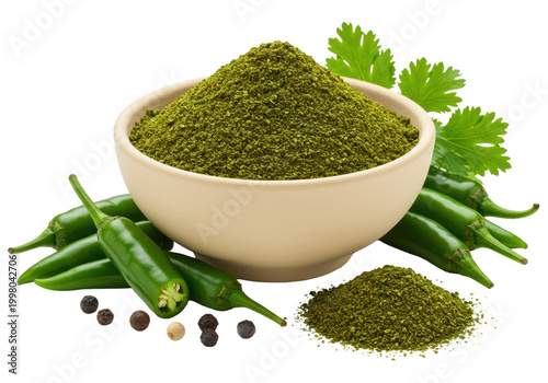 Matte beige bowl with vibrant emerald green chili powder, fresh green chilies, black peppercorns, and herb leaves, isolated on a transparent background. Concept of gourmet ingredients