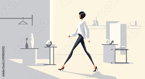 Modern Hispanic Fashion Executive Striding Through Minimalist Luxury Retail Space for High-End Brand Storytelling