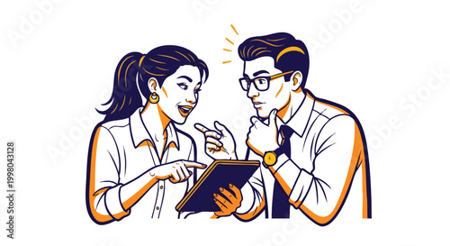 Agile B2B marketing team collaborating on digital transformation strategy and data-driven client solutions using a mobile tablet in a modern agency setting