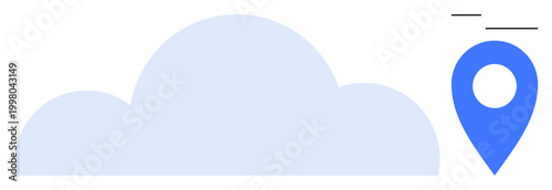 Cloud computing, location services, data storage, digital navigation, online access, connectivity. Cloud beside map pin. Cloud computing and location services theme
