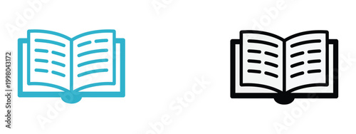 Book icon, open book symbol, ebook education graphics, cyan black color variants, learning knowledge concept, vector illustration