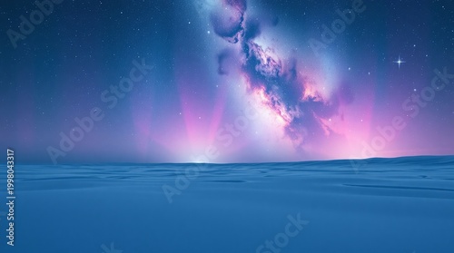 Massive Colorful Nebula Filling Night Sky with Pink and Blue Light on Snowy Field