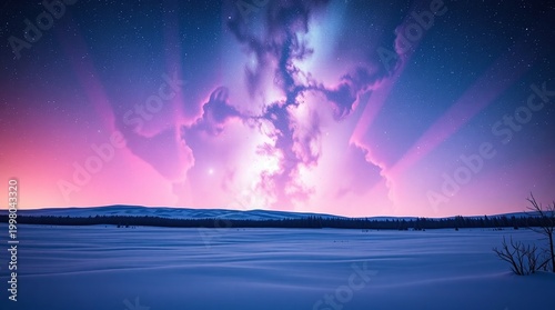Massive Colorful Nebula Filling Night Sky with Pink and Blue Light on Snowy Field