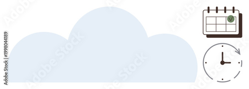 Cloud computing, file storage, data management, time tracking, task scheduling, productivity tools. Image of a cloud with a calendar and clock icon. Cloud computing and file storage concept