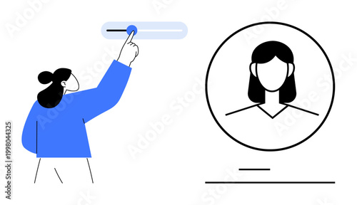 Digital profile management, user customization, UX adjustments, tech guidance, software interface, identity settings. A person adjusts controls beside a profile icon. Digital profile and user