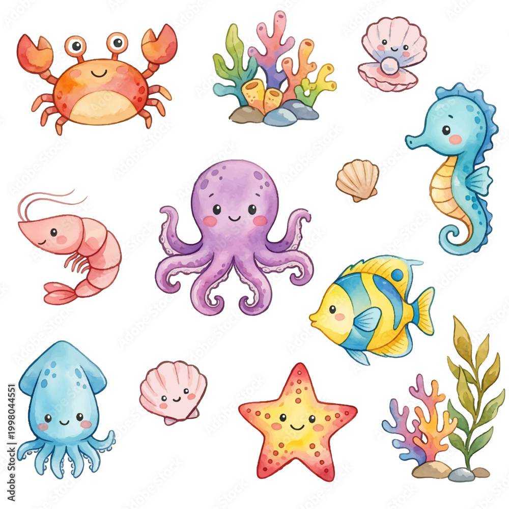 Obraz premium A cute collection of cartoon sea animals including fish, octopus, turtle, whale, dolphin, crab, starfish, and jellyfish in a colorful underwater ocean scene