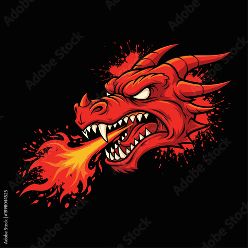 Fierce red dragon head breathing fire.