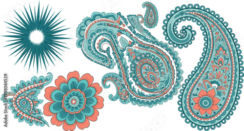 Vibrant Paisley and Floral Design Elements in Teal and Coral for Textile, Fashion, and Decorative Artwork Illustration