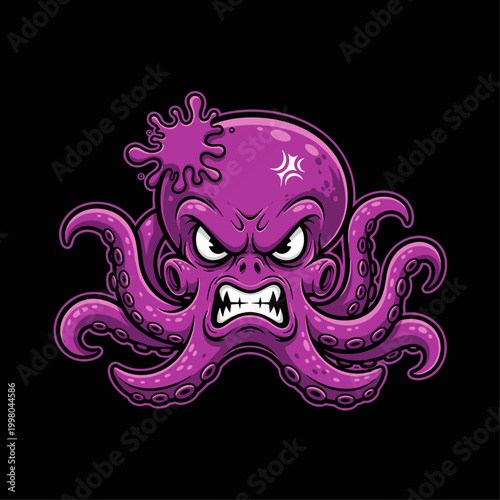 Angry purple octopus cartoon character face.