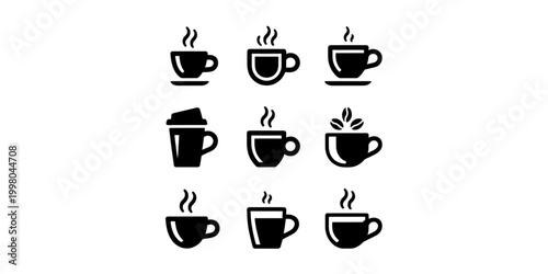Set of coffee and tea cup icons with different hot drink styles in a simple vector design