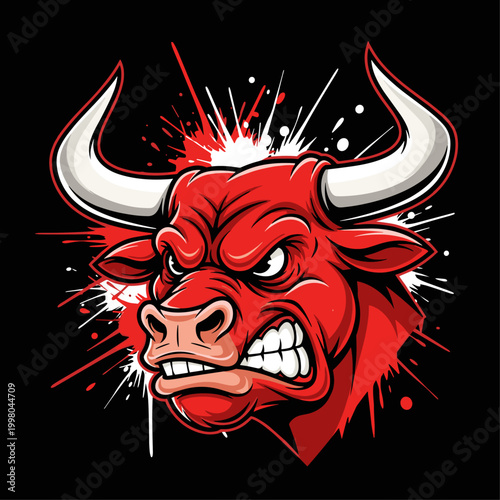 Angry Red Bull Head Illustration Closeup.