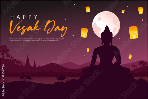 Peaceful Vesak Day 2026 illustration with Buddha meditation silhouette, glowing lanterns, and moonlit landscape. Best for banners, posters, background, greeting, and spiritual themes. 
