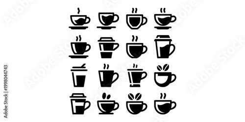 Set of wine glasses and drinks icons featuring coffee tea and beverage silhouettes in a vector illustration for cafe design