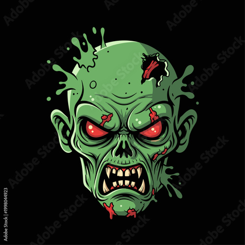 Green zombie head with red eyes.