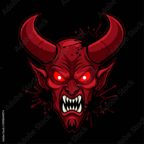 Red devil face with horns and glowing eyes.