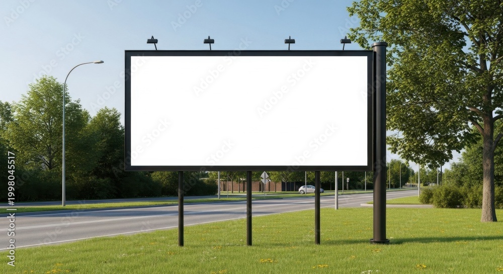 Fototapeta premium Blank billboard frame on a roadside in a suburban setting with green grass and trees