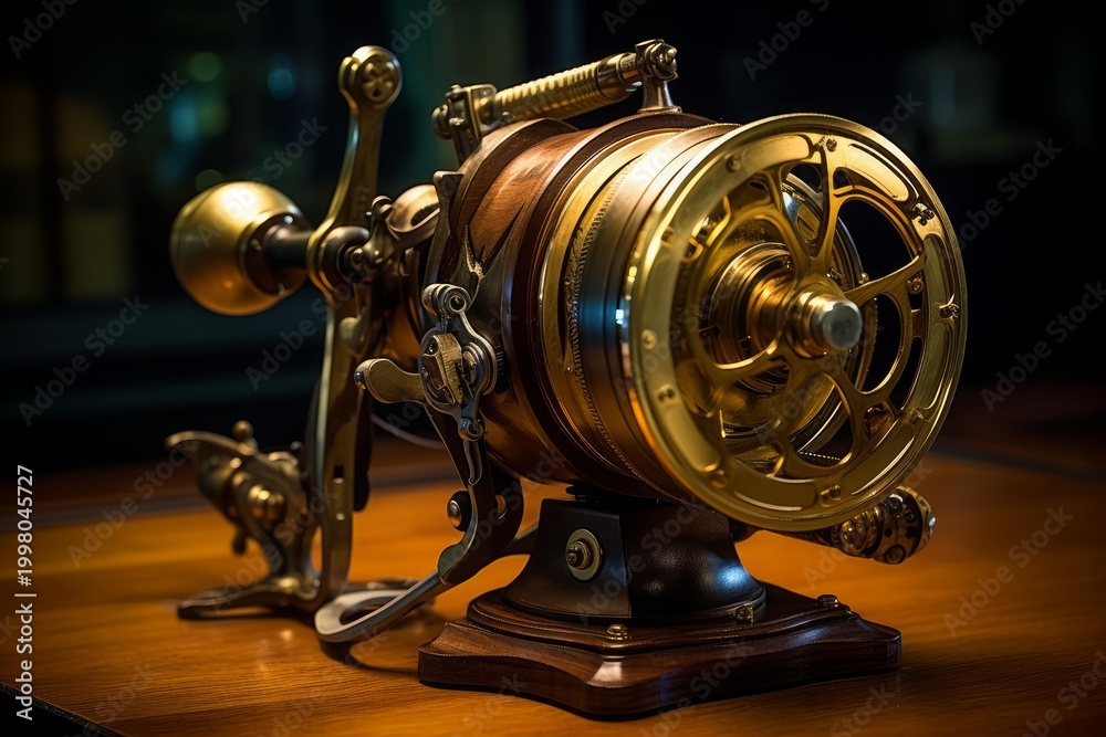 Fototapeta premium Steampunk mechanical device crafted from brass and wood, displaying intricate gearwork