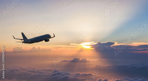 Airplane flying above clouds during sunset illustration