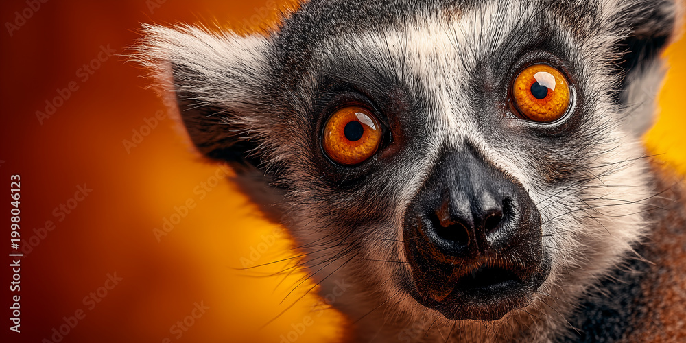 Naklejka premium close up portrait of shocked lemur with wide orange eyes in electric yellow light
