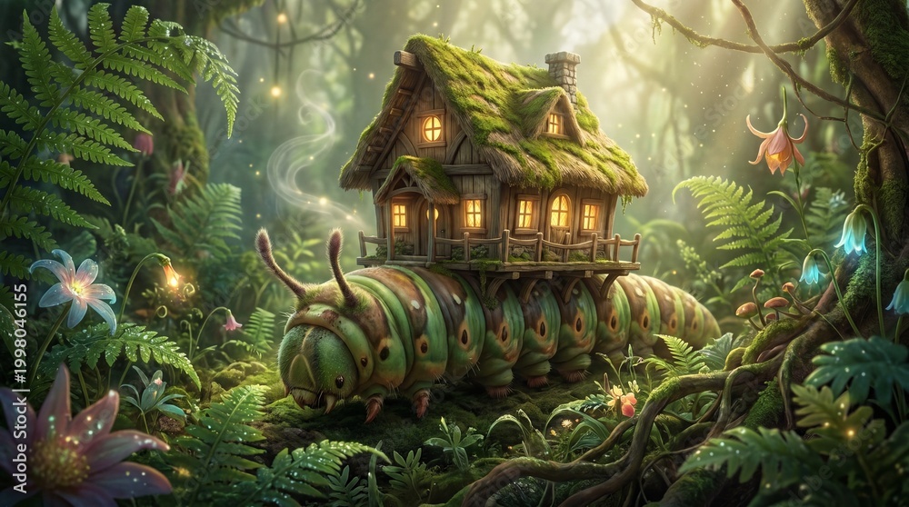 Fototapeta premium Whimsical forest scene with caterpillar house and glowing flowers