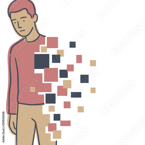 A man dissolving into pixels, symbolizing mental health struggles and memory loss