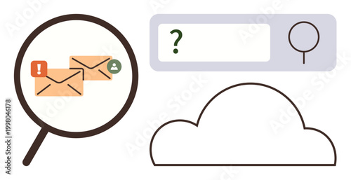 Email security, data protection, cloud storage, digital privacy, cybersecurity, online communication. Magnifying glass highlighting emails, cloud icon and search bar. Email security and data