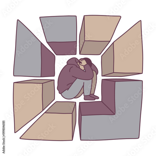 A person feeling trapped and overwhelmed by their surroundings, symbolizing isolation and mental health struggles