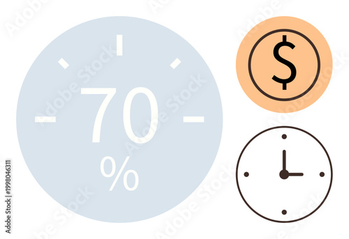 Business planning, financial management, productivity tracking, time management, savings, goal setting. Circular 70 percent indicator, clock and dollar icons. Productivity and financial management