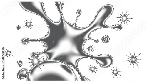 Metallic liquid splash with chrome droplets, shiny silver mercury spill vector, reflective fluid splatter with glossy bubbles and starburst highlights