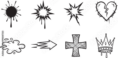 Hand-Drawn Grunge Element Set - Sketched Splatter Thorns and Crown Vector Art