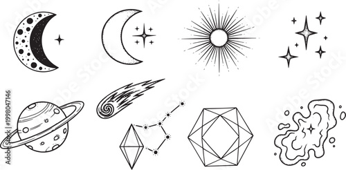 Hand Drawn Celestial Space Elements Set with Crescent Moon Stars Planet and Constellation Icons