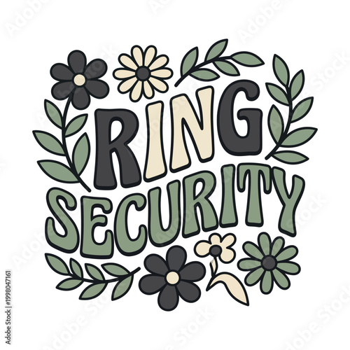 Ring security groovy retro boho floral design with marriage newlyweds honeymoon security protection typography illustration decorative celebration creative invitation romantic