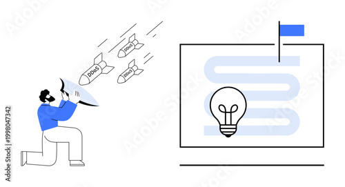 Cybersecurity visual. shield defending from cyberattacks thumbs up DDoS and malware, alongside innovation icon showing strategy planning. Cybersecurity for data protection, workflow, tech solutions