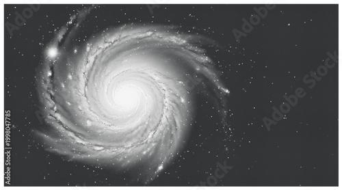 Monochrome spiral galaxy vector illustration, cosmic space background with swirling stars, black and white celestial nebula for astronomical design