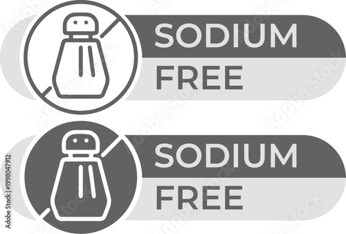 Sodium free food label icons, low salt dietary badges for product packaging, gray and white salt shaker symbols for healthy nutrition marketing