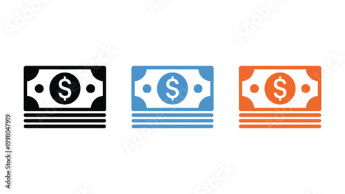 Cash icon, black blue orange variants, money currency symbols, finance payment concept, business vector illustration