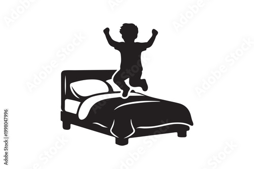 Happy Kid Jumping on Bed Silhouette Collection Set Playful Child Home Activity Bedroom Fun Icon Bundle Isolated on White Background.