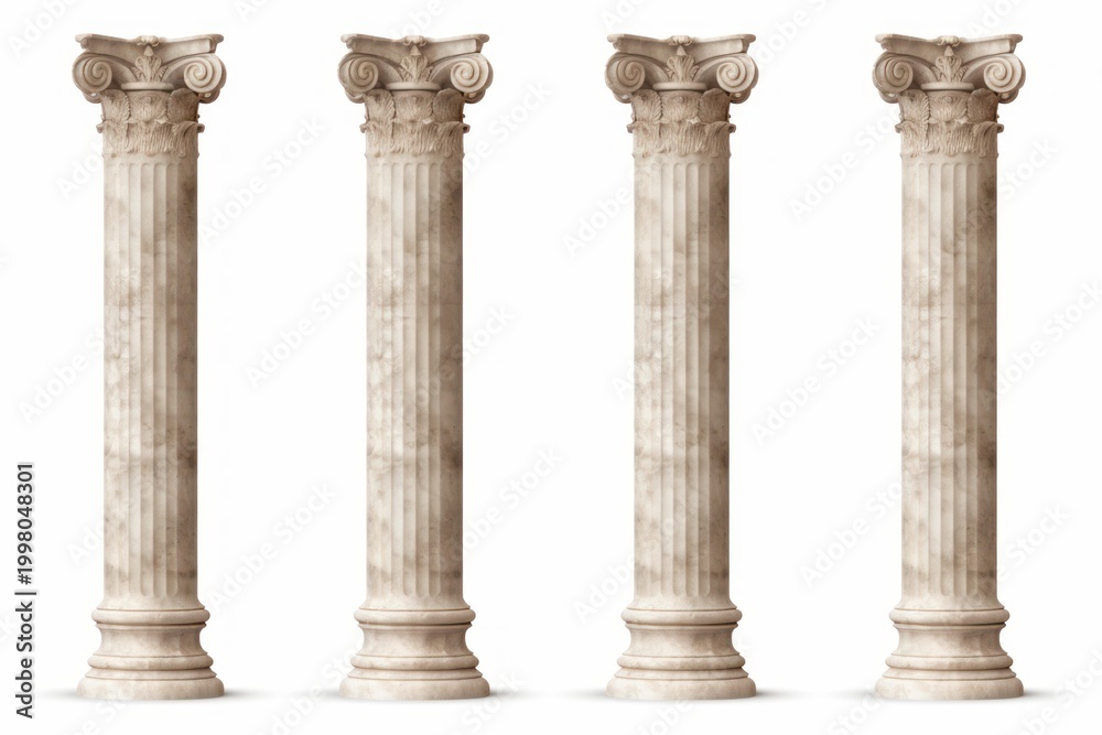 Naklejka premium Four ancient ionic marble columns featuring classical architectural details on a white background