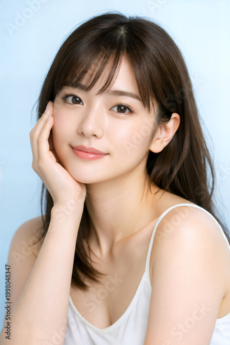 Stylish Portrait in White Top with Light Blue Background